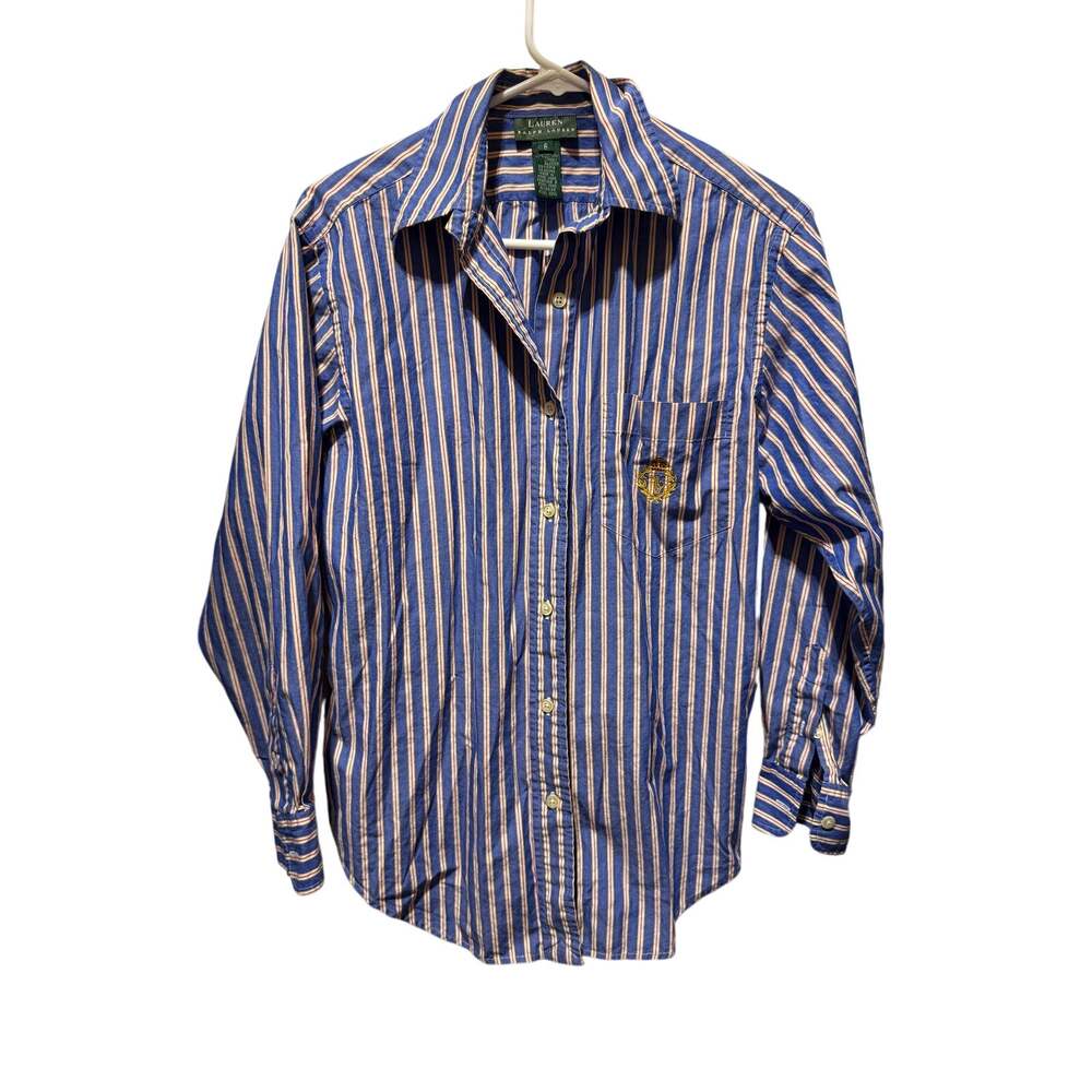 VTG Lauren Ralph Lauren Striped Button Down Shirt W/Crest On Pocket Size 6
